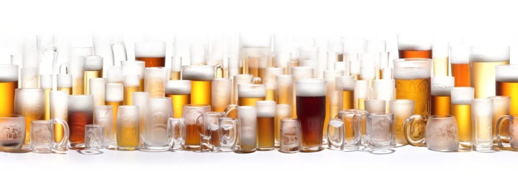 1920 seamless tileable rows of glasses and mugs of beer on a white background generative ai seamlessly expandable on both ends to your desired length