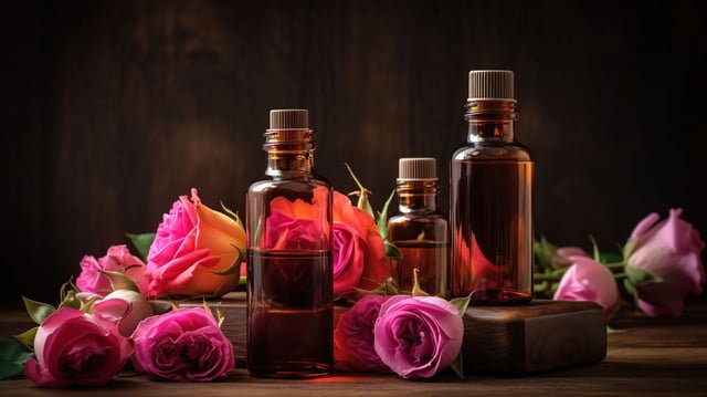 640 the essence of serenity bottles of rose oil and fresh flowers on a wooden table generative ai