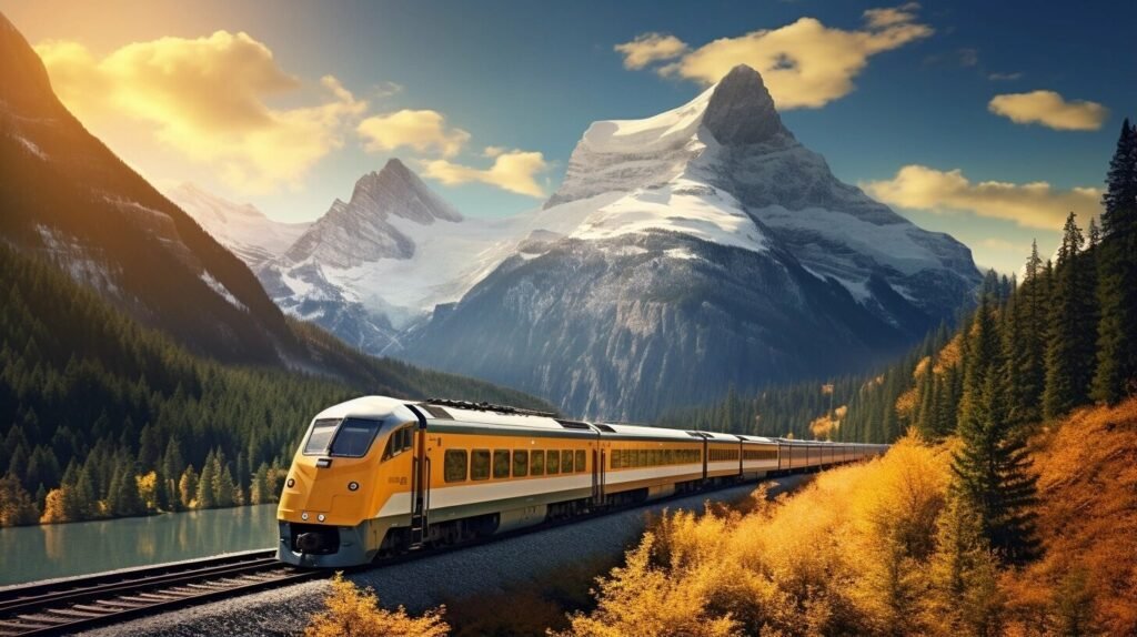 Rocky Mountaineer train passing through the Canadian Rockies mountains