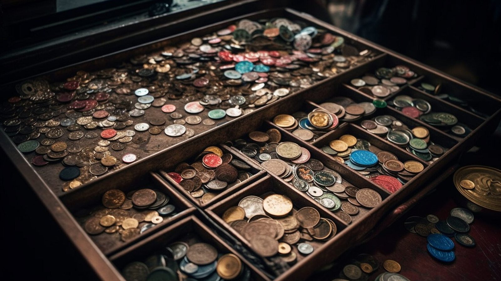 A wooden box filled with coins.