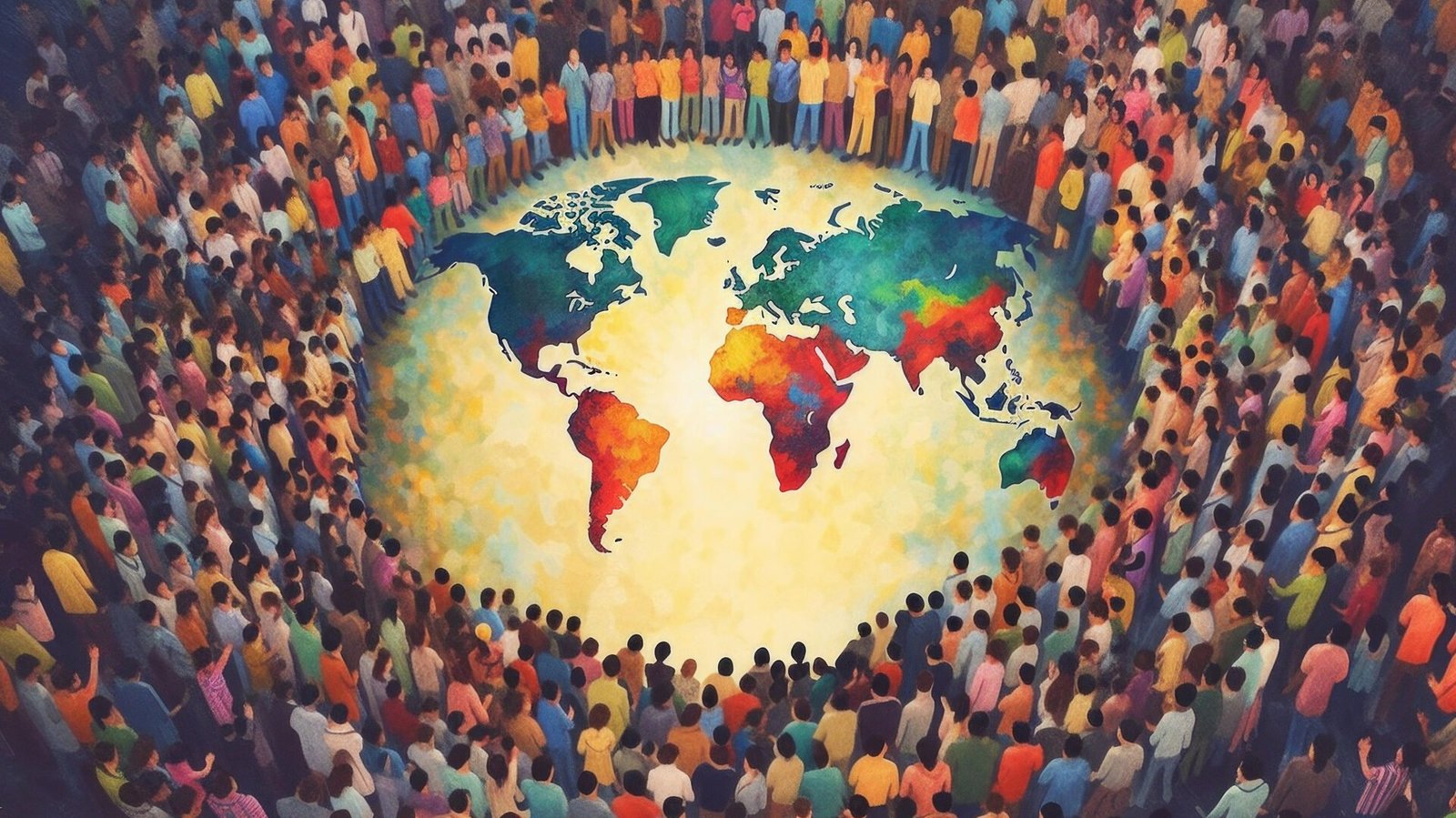 A large group of people standing around a globe.