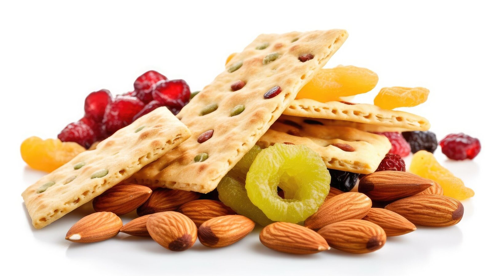 A pile of crackers and fruit on a white background.
