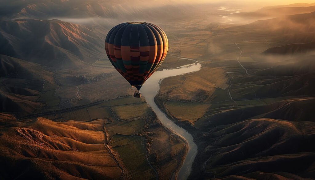 A destination balloon ride over a picturesque river and valley.