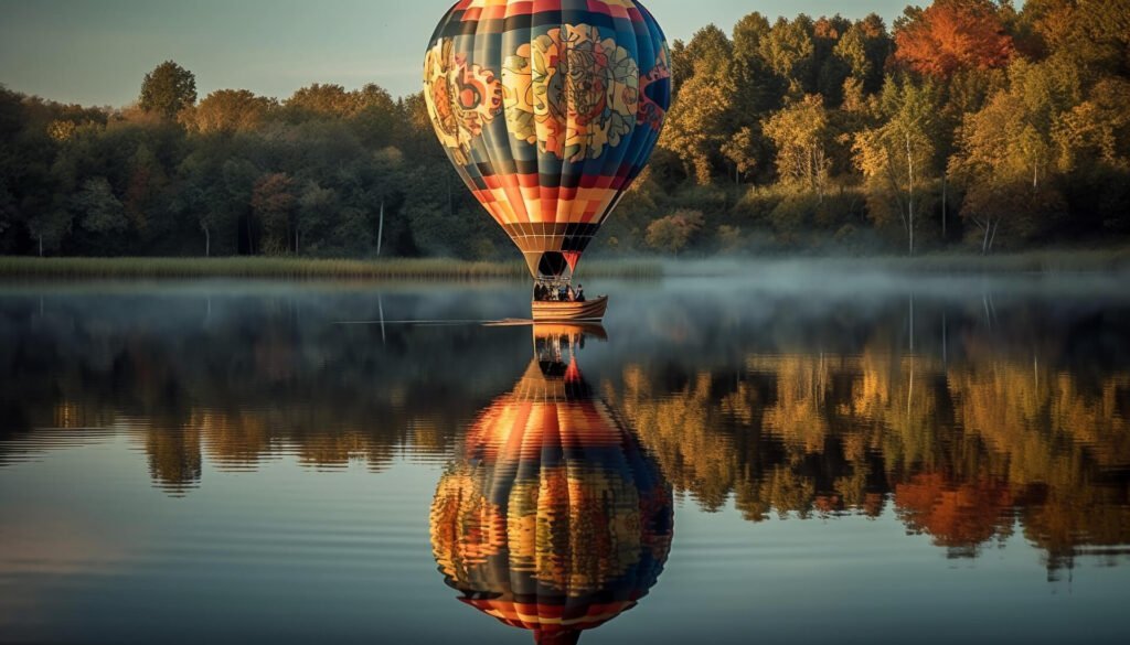 A destination balloon ride over a serene lake.