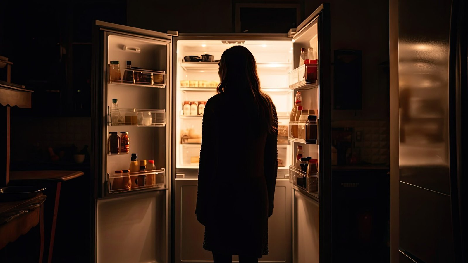 A woman standing in front of an open refrigerator in the dark.