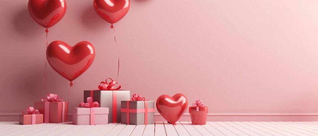 Valentine's day gifts and balloons on a pink background.