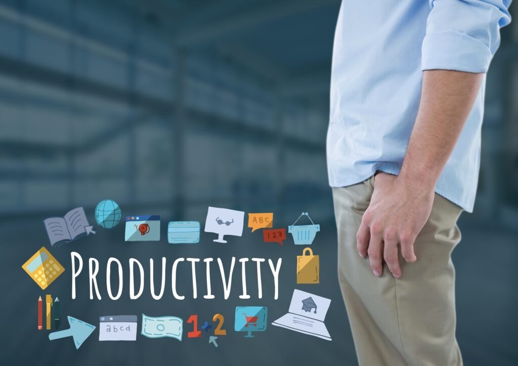 A man standing in front of the word productivity.