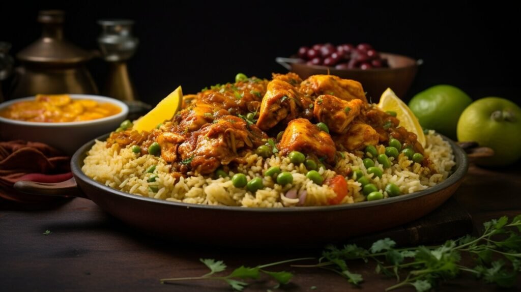 Jamaican curry chicken with rice and peas