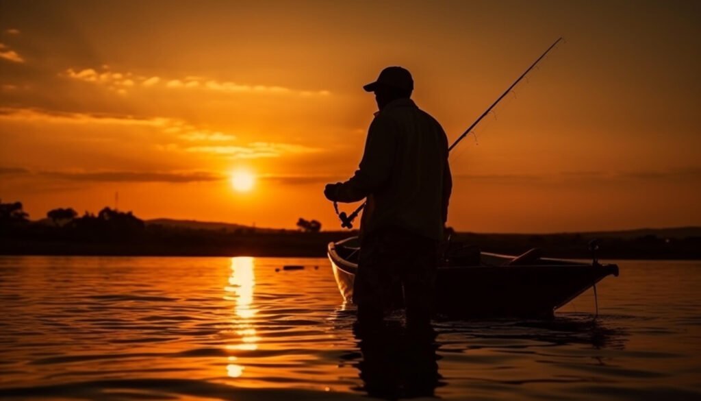 Silhouette of a man fishing in a boat at sunset.